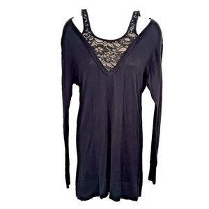 VTG ELLE Lace Top Sweater Small Black Beige Y2K 90s Sexy Lightweight Stretch